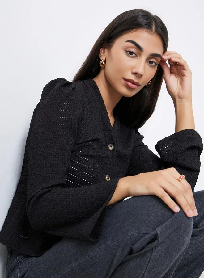 Styli  Black Textured Knit Top with Long Sleeves for Women | Best Price UAE