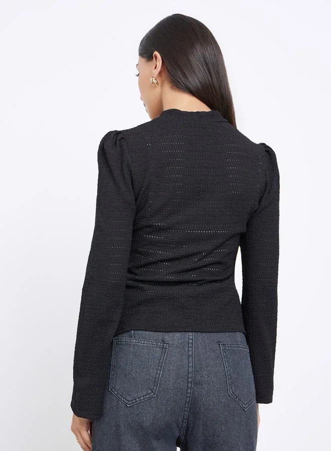 Styli  Black Textured Knit Top with Long Sleeves for Women | Best Price UAE