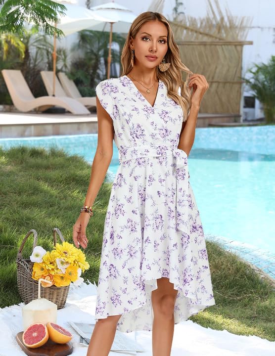 JASAMBAC Women's Boho Wrap Midi V Neck Bridal Shower Dress Floral Flowy Maxi Casual Dress Engagement Floral Purple M - Image 2