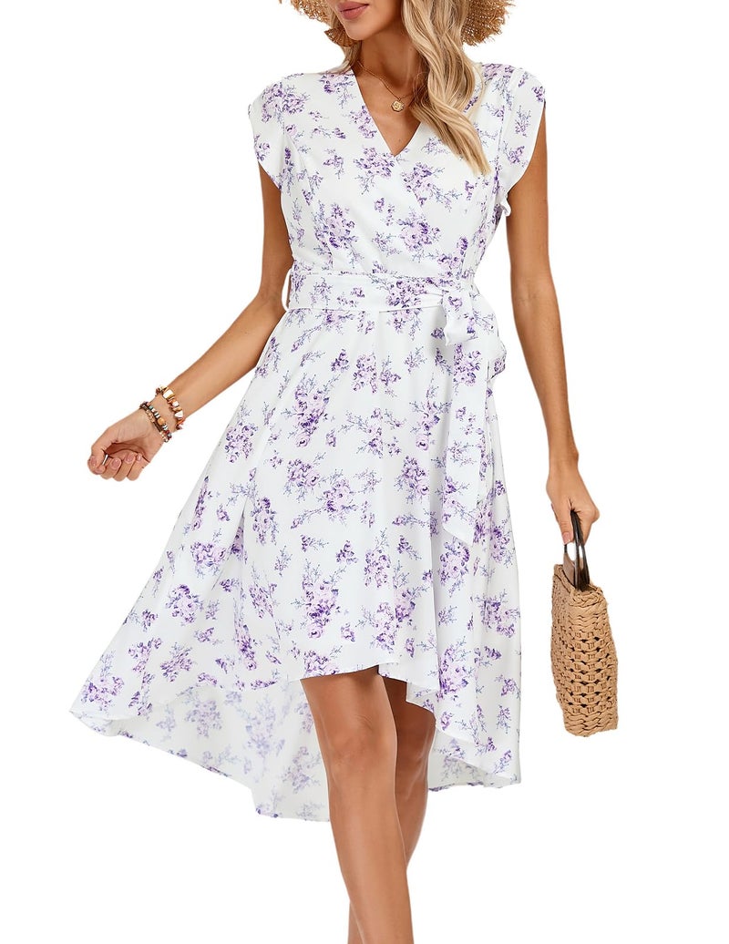 JASAMBAC Women's Boho Wrap Midi V Neck Bridal Shower Dress Floral Flowy Maxi Casual Dress Engagement Floral Purple M - Image 1