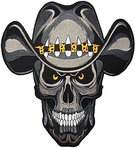Papapatch [Large Size] Papapatch Cowboy Hat Skull Dead Ghost Zombie Death Biker Rider Motorcycle Jacket Vest Costume Embroidered Sew on Iron on Patch (Iron-Cowboy-Skull-Grey-Large) - Image 1