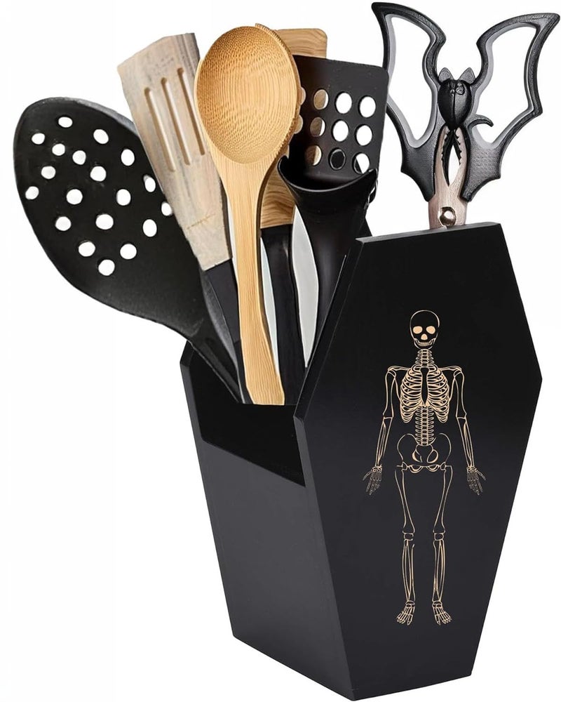 TOSOENPHY Coffin Utensil Holder - Spooky Gothic Kitchen Decor for Utensils Spoons/Spatulas, Goth Horror Storage Holder for Art Studio Painting Brush Holder, Deep and Sturdy - Image 1