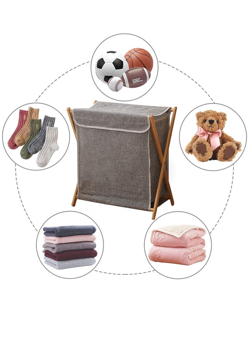 Bamboo Laundry Basket Folding Clothes Basket Clothes Basket Bucket, Storage Basket Dirty Clothes Basket with Removable Lining Bag Bathroom Laundry Organizer (with Lid Grey) - Image 5