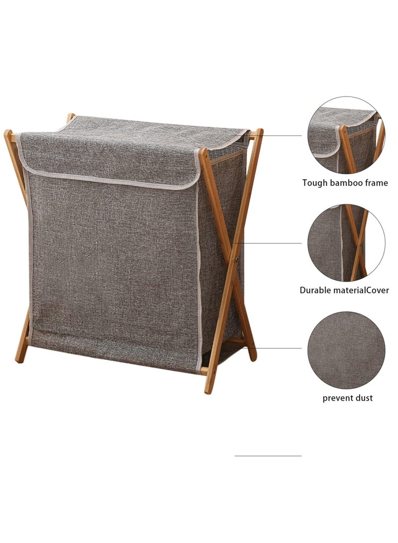 Bamboo Laundry Basket Folding Clothes Basket Clothes Basket Bucket, Storage Basket Dirty Clothes Basket with Removable Lining Bag Bathroom Laundry Organizer (with Lid Grey) - Image 3