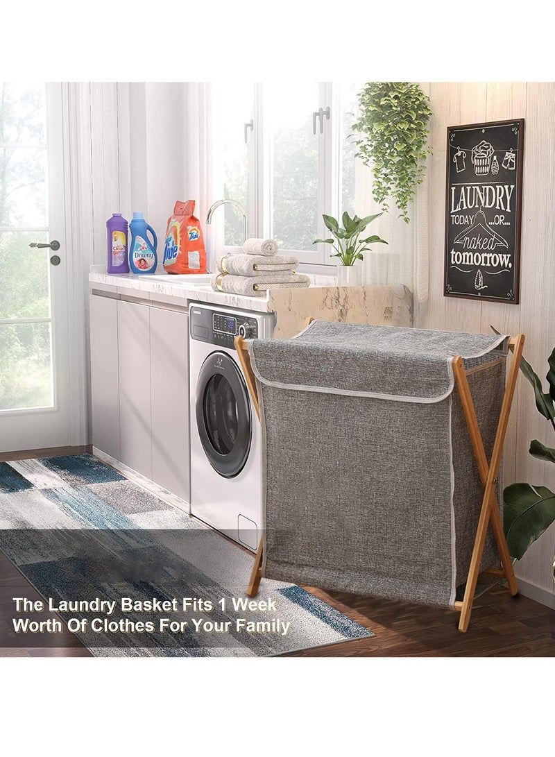 Bamboo Laundry Basket Folding Clothes Basket Clothes Basket Bucket, Storage Basket Dirty Clothes Basket with Removable Lining Bag Bathroom Laundry Organizer (with Lid Grey) - Image 2