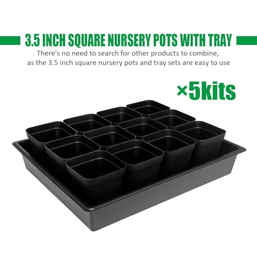 RooTrimmer 3.5 inch (9CM) Square Nursery Pots 60pcs, Sturdy Seedlings Trays 5 Pcs, Seeds Starter Germination Tray, Microgreenings Planter Nursery Propagation 5 Sets - Image 2