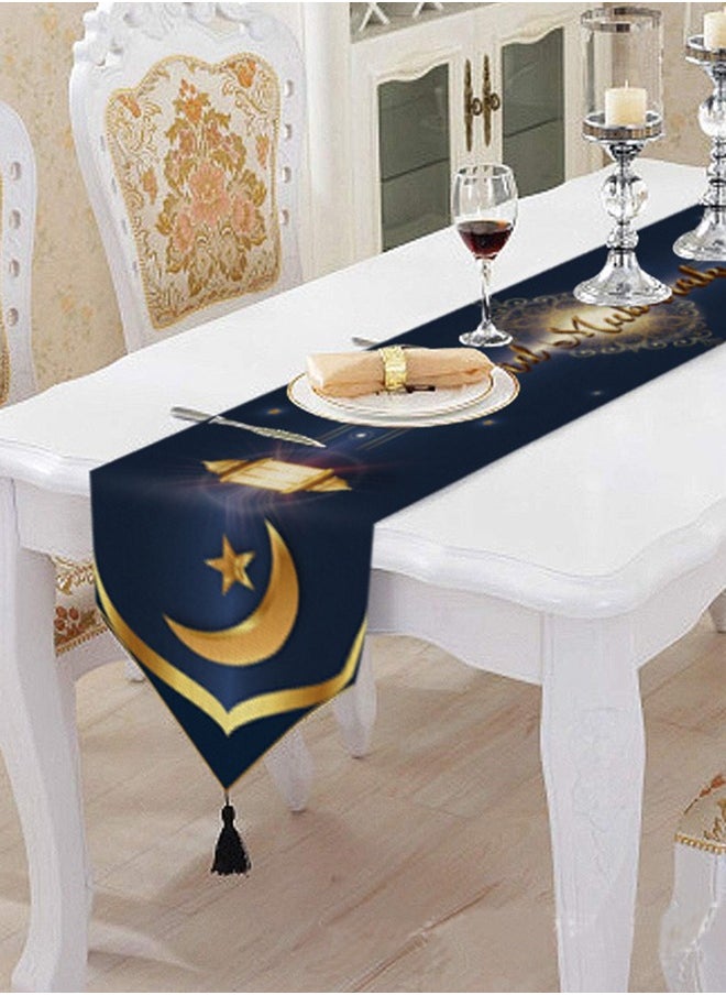 Generic Eid Mubarak Table Runner -183 x 33 cm Table Runner Eid Mubarak Decorations with Tassels -Table Runner Dresser Scarves for Table Dinner Holiday Party(Blue)  - Image 1