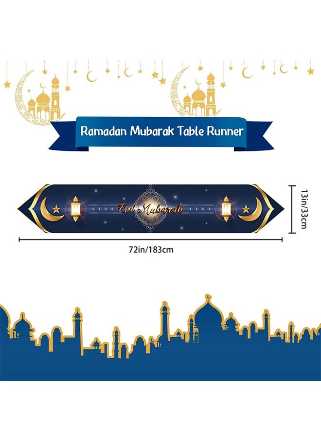 Generic Eid Mubarak Table Runner -183 x 33 cm Table Runner Eid Mubarak Decorations with Tassels -Table Runner Dresser Scarves for Table Dinner Holiday Party(Blue)  - Image 2