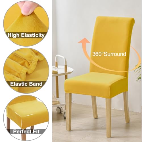 Smiry Velvet Stretch Chair Covers for Dining Room Set of 4, Soft Fit Removable Washable Kitchen Parsons Chair Slipcover Protector, Mustard Yellow - Image 4