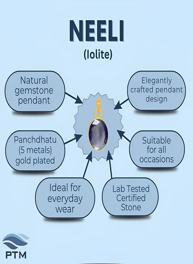 Ptm Natural Iolite/Neeli 10.25 Ratti or 9.5 Carat Astrological Certified Gemstone Panchdhatu/5 Metals 22k Gold Plated Pendant for Men & Women -fba31025 - Image 3