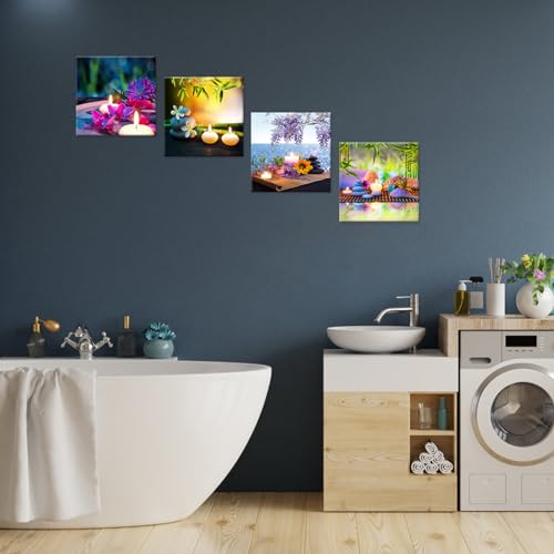 iHAPPYWALL Canvas Prints Zen Art Wall Decor Spa Massage Treatment Painting Picture Orchid Flower Frangipani Bamboo Flaming Candle Print On Canvas 4 Panel Ready to Hang 12''x12''x4pcs - Image 4