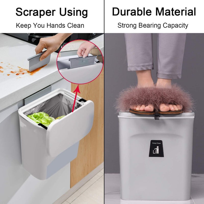 Tiyafuro 2.4 Gallon Kitchen Compost Bin for Counter Top or Under Sink, Hanging Small Trash Can with Lid for Cupboard/Bathroom/Bedroom/Office/Camping, Mountable Indoor Compost Bucket, Gray - Image 5