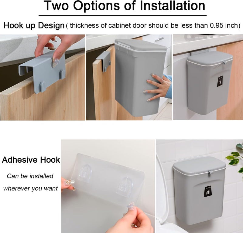 Tiyafuro 2.4 Gallon Kitchen Compost Bin for Counter Top or Under Sink, Hanging Small Trash Can with Lid for Cupboard/Bathroom/Bedroom/Office/Camping, Mountable Indoor Compost Bucket, Gray - Image 4