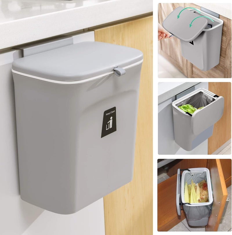 Tiyafuro 2.4 Gallon Kitchen Compost Bin for Counter Top or Under Sink, Hanging Small Trash Can with Lid for Cupboard/Bathroom/Bedroom/Office/Camping, Mountable Indoor Compost Bucket, Gray - Image 1
