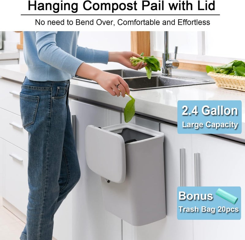 Tiyafuro 2.4 Gallon Kitchen Compost Bin for Counter Top or Under Sink, Hanging Small Trash Can with Lid for Cupboard/Bathroom/Bedroom/Office/Camping, Mountable Indoor Compost Bucket, Gray - Image 2