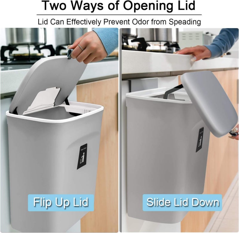 Tiyafuro 2.4 Gallon Kitchen Compost Bin for Counter Top or Under Sink, Hanging Small Trash Can with Lid for Cupboard/Bathroom/Bedroom/Office/Camping, Mountable Indoor Compost Bucket, Gray - Image 3