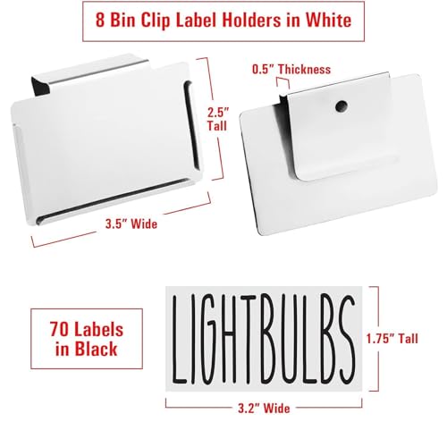 Talented Kitchen Storage Bin Labels & Metal Basket Label Holders - White 3.5 x 2.5 in - 8-Pack Holders & 70 Preprinted Tags - Easy-On Design for Home Bathroom Linen Closet - Image 4