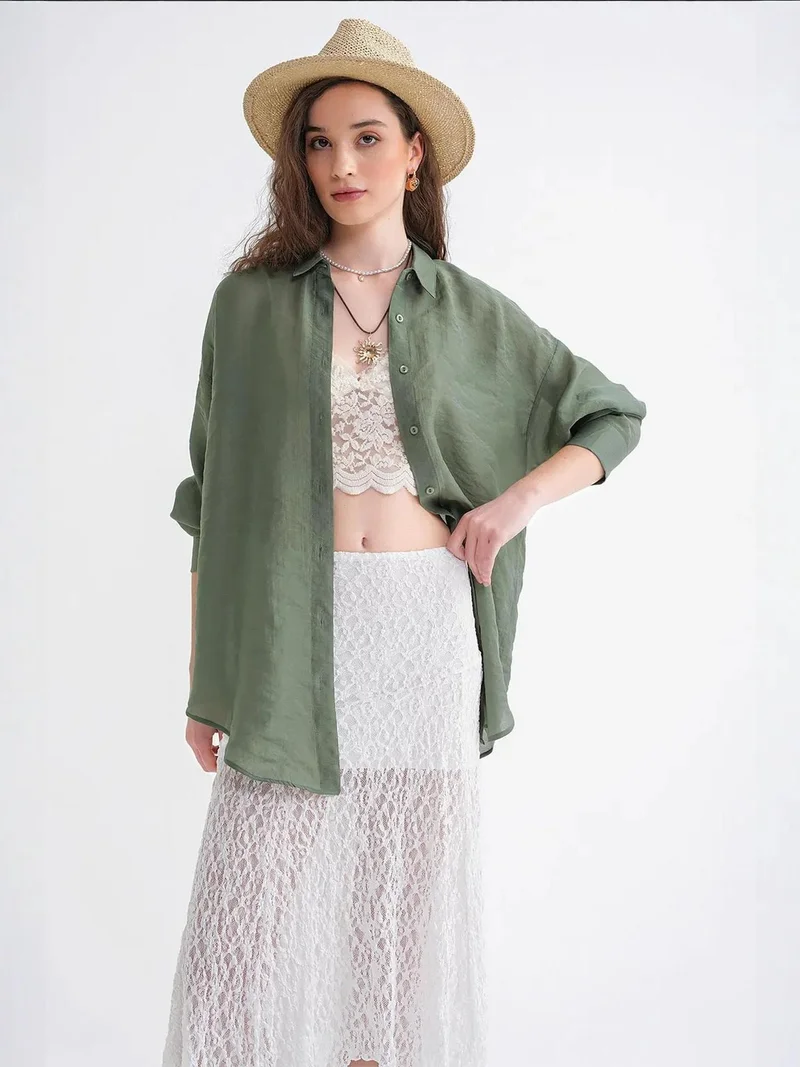 MixRay Khaki Green Mixray Oversized Button-Up Shirt for Women | Best Price UAE