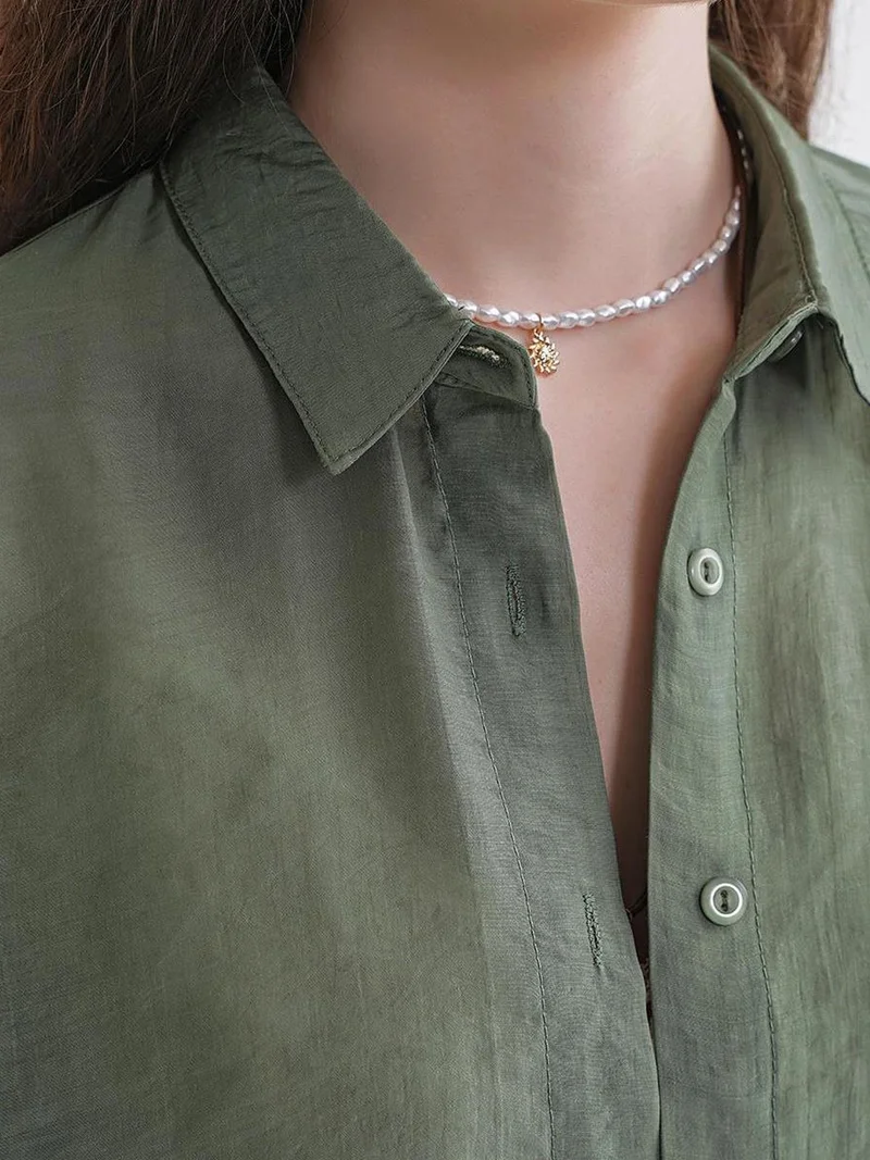 MixRay Khaki Green Mixray Oversized Button-Up Shirt for Women | Best Price UAE