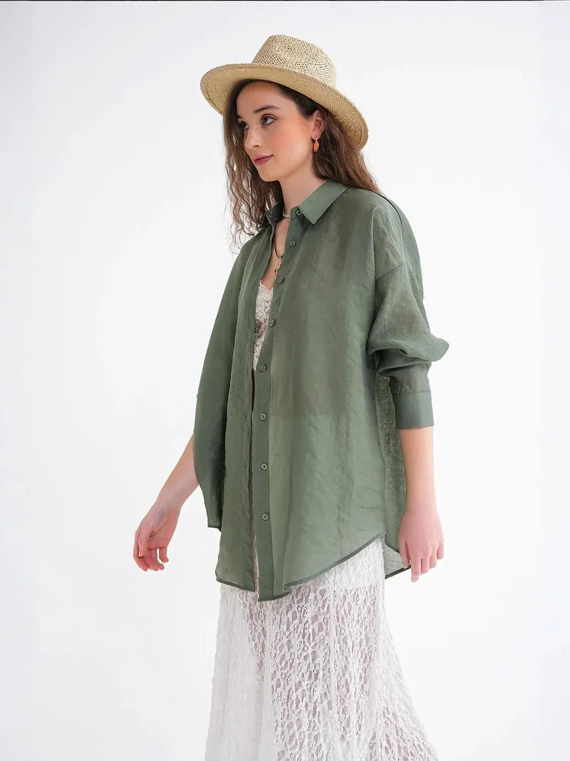 MixRay Khaki Green Mixray Oversized Button-Up Shirt for Women | Best Price UAE