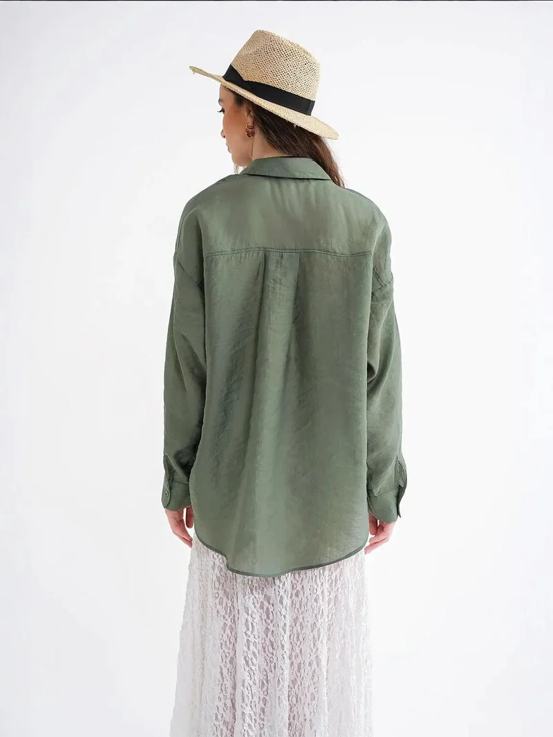 MixRay Khaki Green Mixray Oversized Button-Up Shirt for Women | Best Price UAE