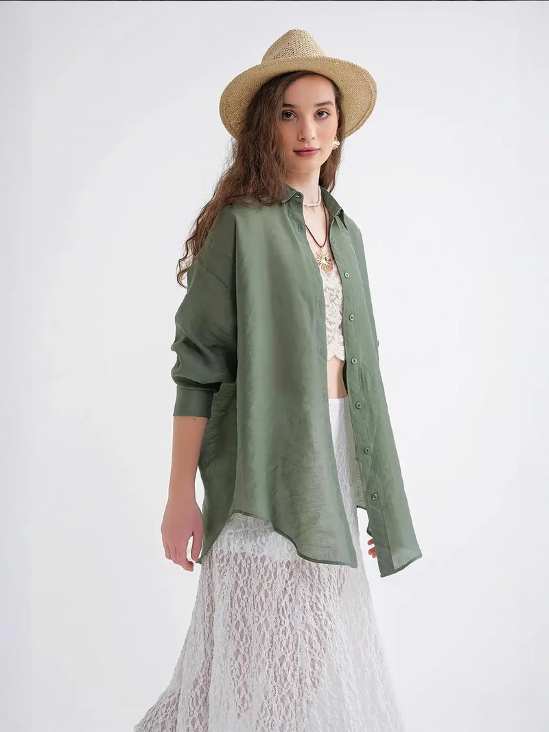 MixRay Khaki Green Mixray Oversized Button-Up Shirt for Women | Best Price UAE