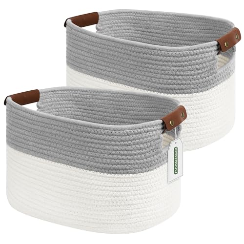 ECDYQXVU Cotton Rope Storage Baskets,15x10x9 in,Foldable Storage Bins, Decorative Woven Basket Cube Storage Organizer for Laundry, Towel, Clothes (White/Grey-2Pack, 15x10x9 inches) - Image 1
