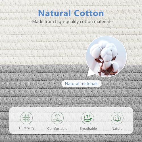 ECDYQXVU Cotton Rope Storage Baskets,15x10x9 in,Foldable Storage Bins, Decorative Woven Basket Cube Storage Organizer for Laundry, Towel, Clothes (White/Grey-2Pack, 15x10x9 inches) - Image 3
