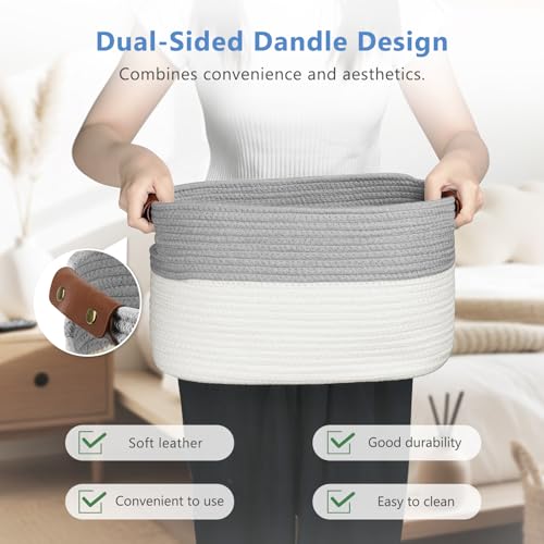 ECDYQXVU Cotton Rope Storage Baskets,15x10x9 in,Foldable Storage Bins, Decorative Woven Basket Cube Storage Organizer for Laundry, Towel, Clothes (White/Grey-2Pack, 15x10x9 inches) - Image 4