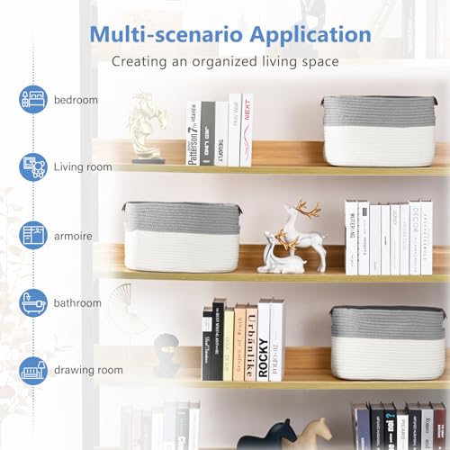 ECDYQXVU Cotton Rope Storage Baskets,15x10x9 in,Foldable Storage Bins, Decorative Woven Basket Cube Storage Organizer for Laundry, Towel, Clothes (White/Grey-2Pack, 15x10x9 inches) - Image 5