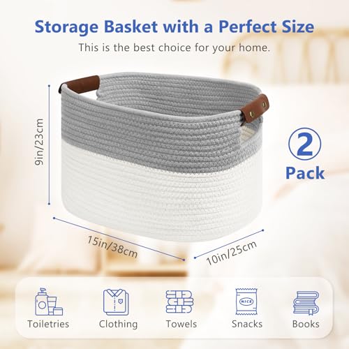 ECDYQXVU Cotton Rope Storage Baskets,15x10x9 in,Foldable Storage Bins, Decorative Woven Basket Cube Storage Organizer for Laundry, Towel, Clothes (White/Grey-2Pack, 15x10x9 inches) - Image 2