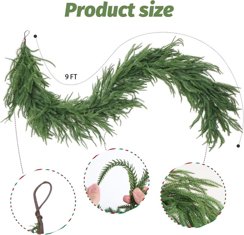 Flagly 9FT Artificial Norfolk Pine Garland, Realistic Christmas Greenery Garland for Mantle, Staircase, Banister, Fireplace, Wall, Door, Table, Indoor & Outdoor Holiday Xmas Decortions - Image 2