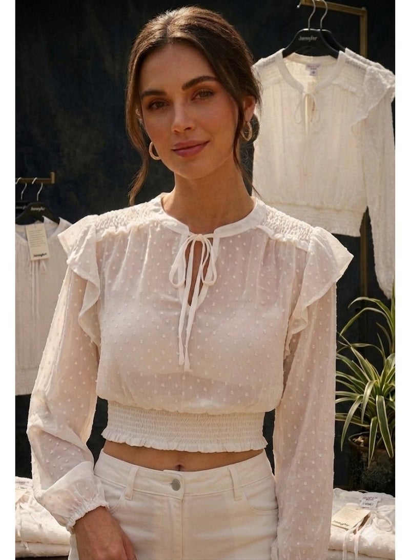 Don't Call Me Jennyfer Chiffon Clip-Dot Long Sleeve Crop Blouse - White - Image 1