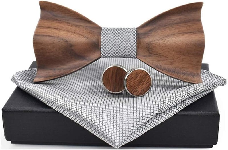 Elfeves Novelty Wood Bow Tie Handmade Groom Groomsman Pre-tie Bowtie Pocket Square and Men's Cufflinks Set with Gift Box - Image 2