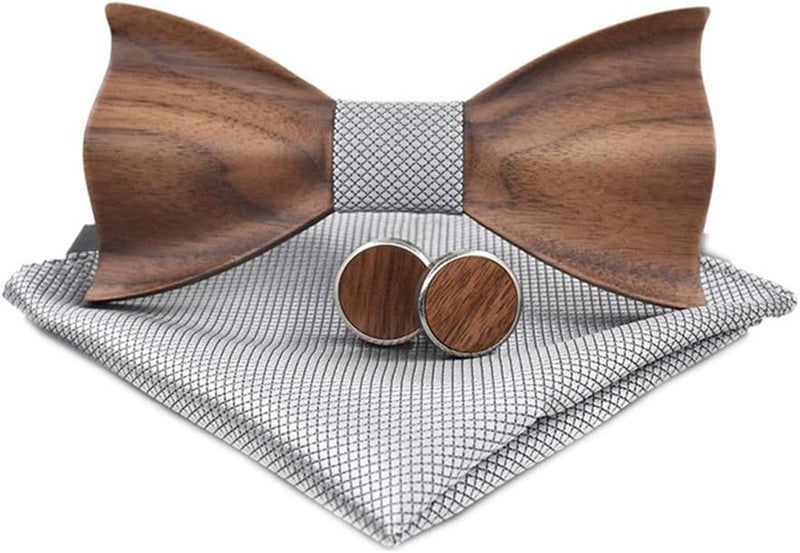 Elfeves Novelty Wood Bow Tie Handmade Groom Groomsman Pre-tie Bowtie Pocket Square and Men's Cufflinks Set with Gift Box - Image 1