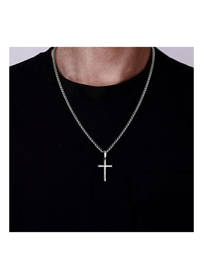 Generic - IRONBOX 925 Sterling Silver Cross Necklace  Women with 3MM Stainless Steel Strong Durable Wheat Chain 18K White Gold Plated Crucifix Pendant Necklace Jewelry 16-30 Inches - Image 1