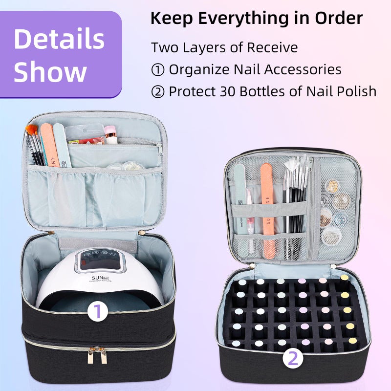 ALSLEA Nail Polish Organizer Holds 30 Bottles (15ml - 0.5 fl.oz) Double-layer Gel Nail Polish Kit Case, Nail Holder for Nail Lamp, Portable Nail Organizer and Storage for Nail Supplies (Black) - Image 4