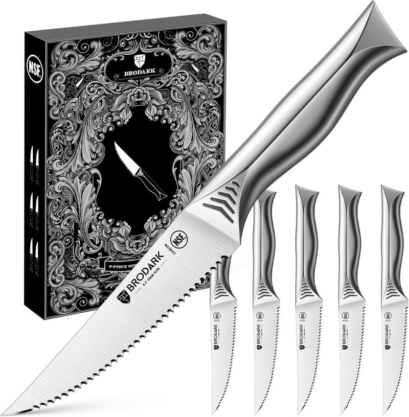 BRODARK Steak Knives Set of 6: 4.5 Inch Serrated Steak Knives - High Carbon Stainless Steel Kitchen Steak Knife Set - Never Need Sharpening - NSF Certified, Shark Series - Image 1