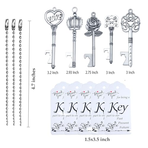 Makhry 50pcs Wedding Favors Key Bottle Opener Vintage Skeleton Key Bottle Opener with Escort Tags and Key Chains Gifts for Guests Rustic Wedding Party Reception Souvenir Decorations Silver - Image 5