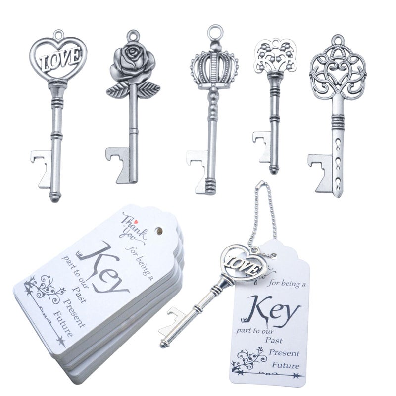 Makhry 50pcs Wedding Favors Key Bottle Opener Vintage Skeleton Key Bottle Opener with Escort Tags and Key Chains Gifts for Guests Rustic Wedding Party Reception Souvenir Decorations Silver - Image 3