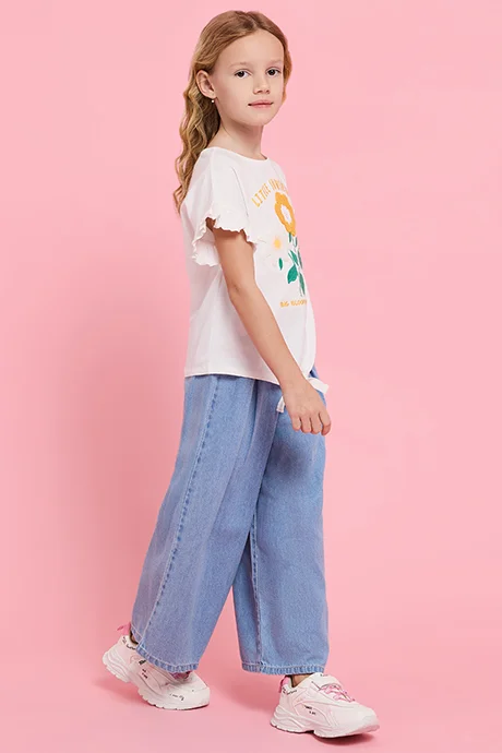 R&B Faded Wide Leg Denim Pants with Elastic Waist