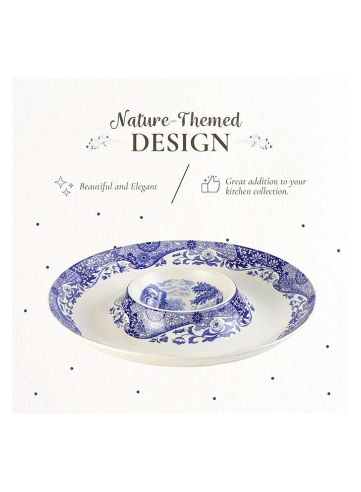 Spode Blue Italian Chip & Dip Set - 14.5 Inch Porcelain Serving Bowl with Center Sauce Dish - Dishwasher, Microwave, Freezer Safe - Elegant Serveware for Parties & Entertaining - Image 2