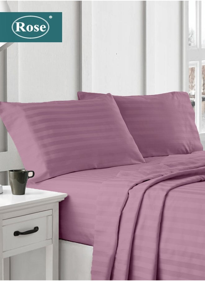 Rose - Rose Luxurious Hotel Stripe Flat Sheet & Fitted Sheet with Deep Pockets and Pillow Cases, Bed Sheet 4-Pieces Set, Soft Microfiber Breathable and Cooling, King Size, Opera Mauve - Image 1