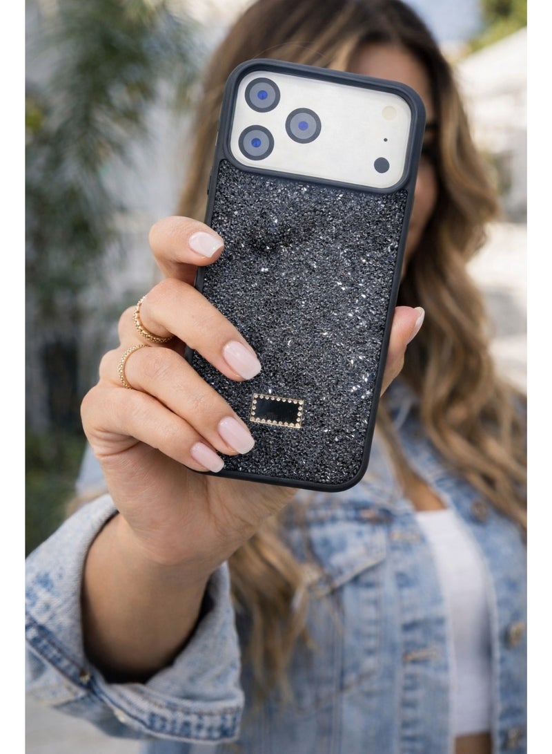 VR CREATIVE Luxury Glitter Diamond Phone Case for Apple iPhone 17 Pro Sparkling Rhinestone Bling Protective Cover - Black - Image 2