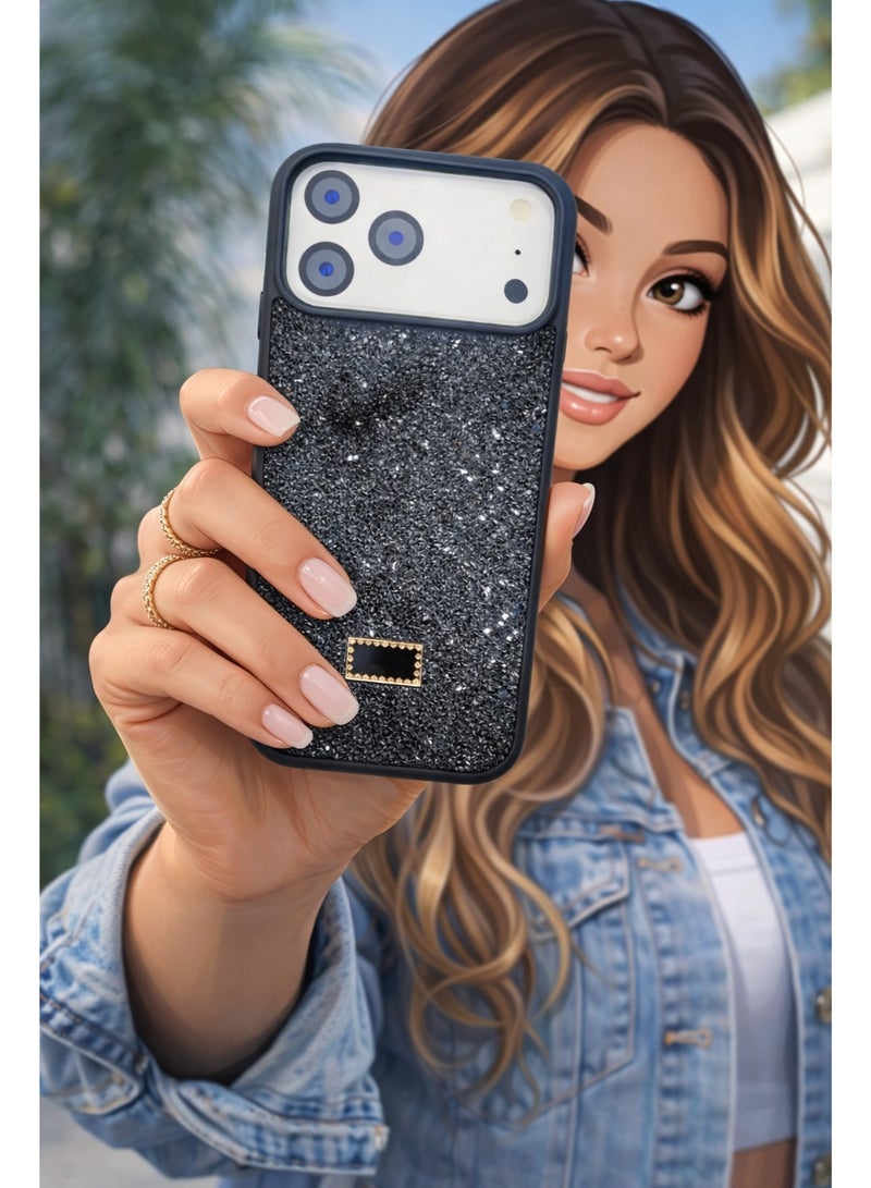 VR CREATIVE Luxury Glitter Diamond Phone Case for Apple iPhone 17 Pro Sparkling Rhinestone Bling Protective Cover - Black - Image 3