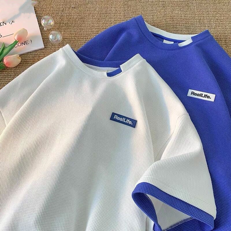 Waffle Short-sleeved Men's Design Sense Fake Two-piece T-shirt Fashionable Brand ins Top Summer oversize All-match Half-sleeve - Image 2