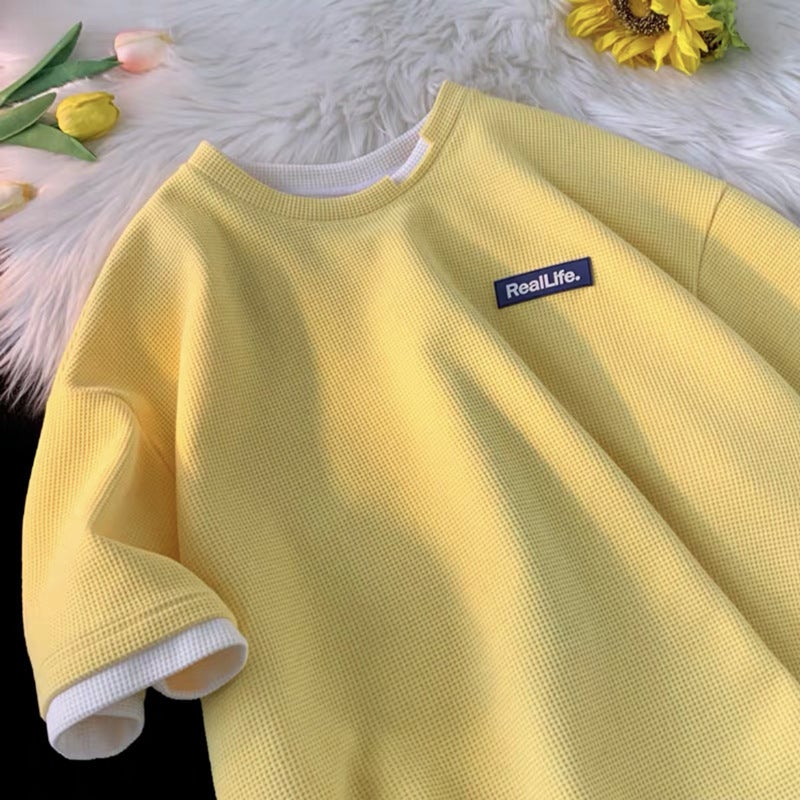 Waffle Short-sleeved Men's Design Sense Fake Two-piece T-shirt Fashionable Brand ins Top Summer oversize All-match Half-sleeve - Image 1