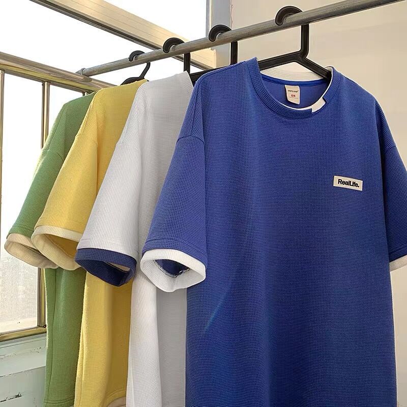 Waffle Short-sleeved Men's Design Sense Fake Two-piece T-shirt Fashionable Brand ins Top Summer oversize All-match Half-sleeve - Image 5