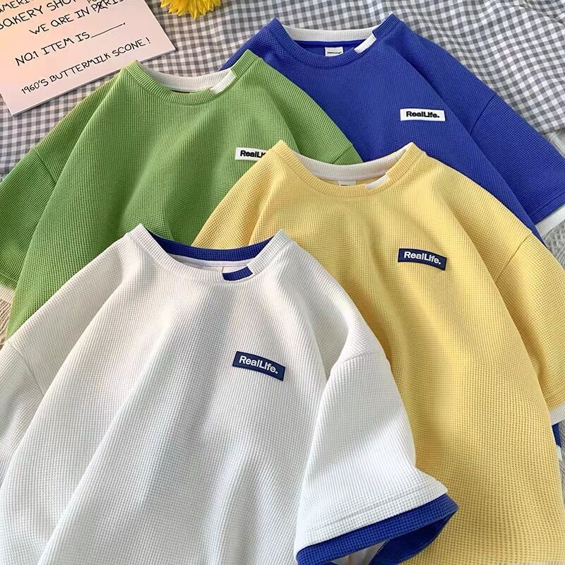Waffle Short-sleeved Men's Design Sense Fake Two-piece T-shirt Fashionable Brand ins Top Summer oversize All-match Half-sleeve - Image 3