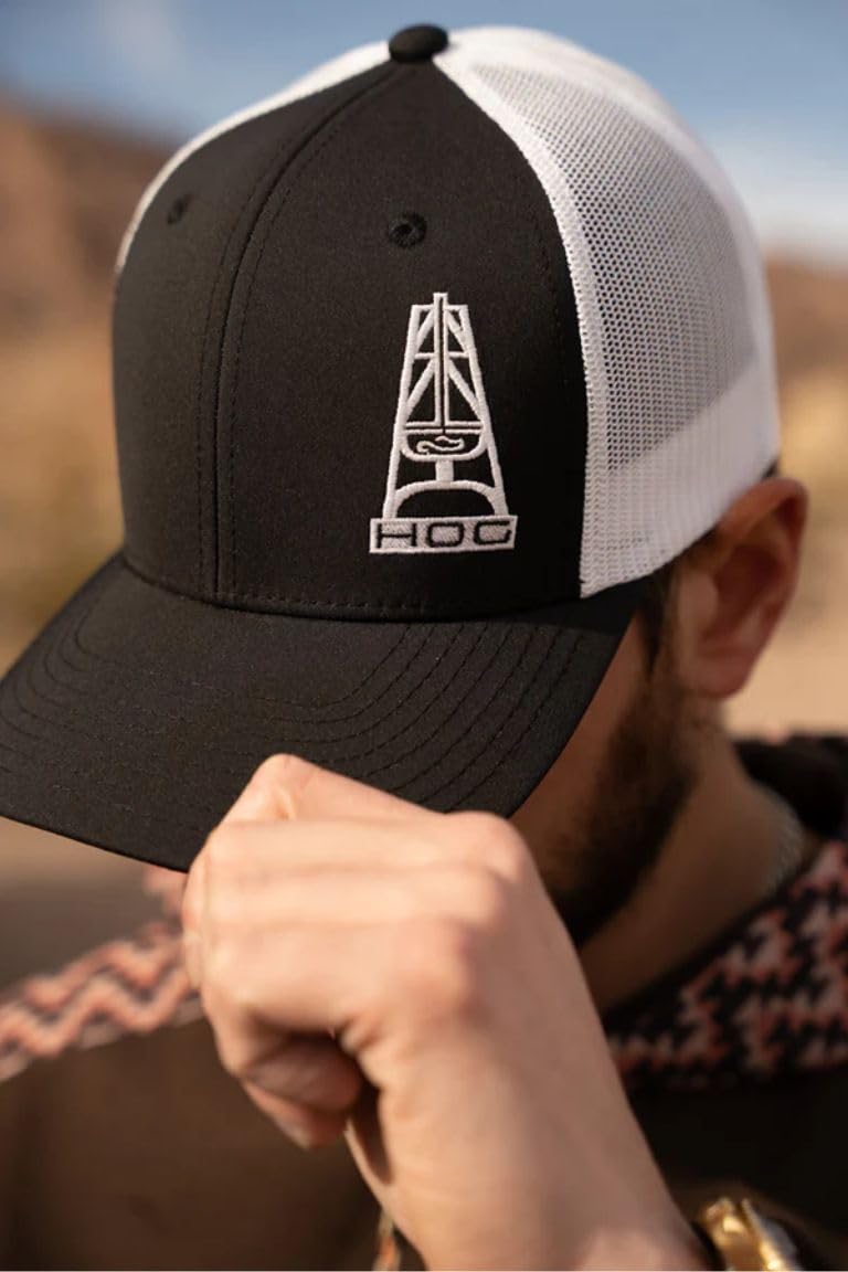 HOOEY Oil Gear (HOG) Adjustable Snapback Mesh Trucker Back Hat (Black/White) - Image 3